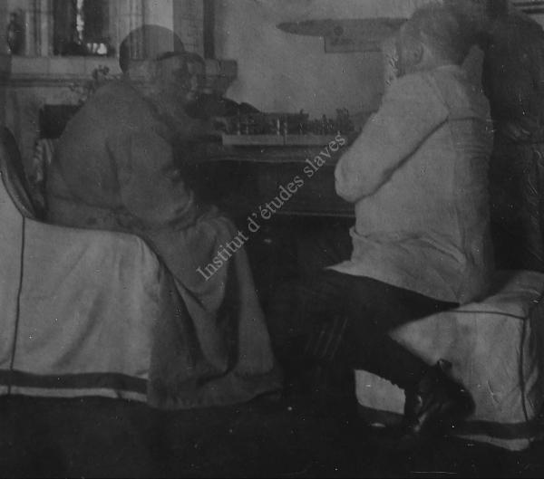 Fiche détaillée de la photo : L.N. Tolstoï jouant aux échecs avec M.S. Soukhotine dans l'album : Vie-familiale